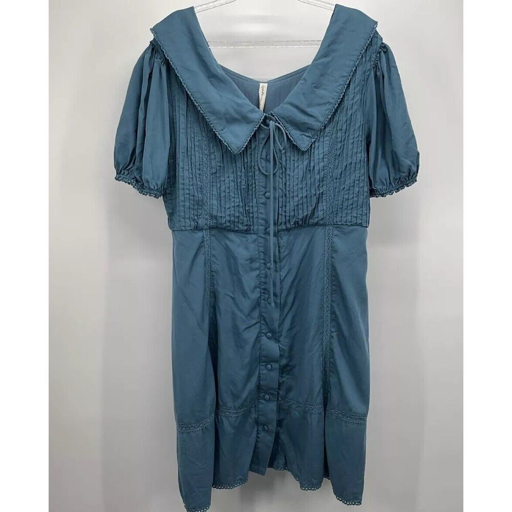 Rae Roolee Sz L Blue Prairiecore Button-Up Dress Oversized Peter Pan Cottagecore